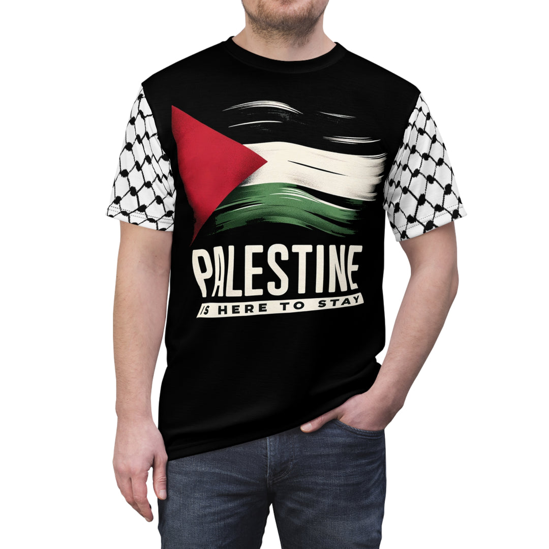 Palestine is Here to Stay, Black Tee and keffiyeh sleeve - PaliWorlds