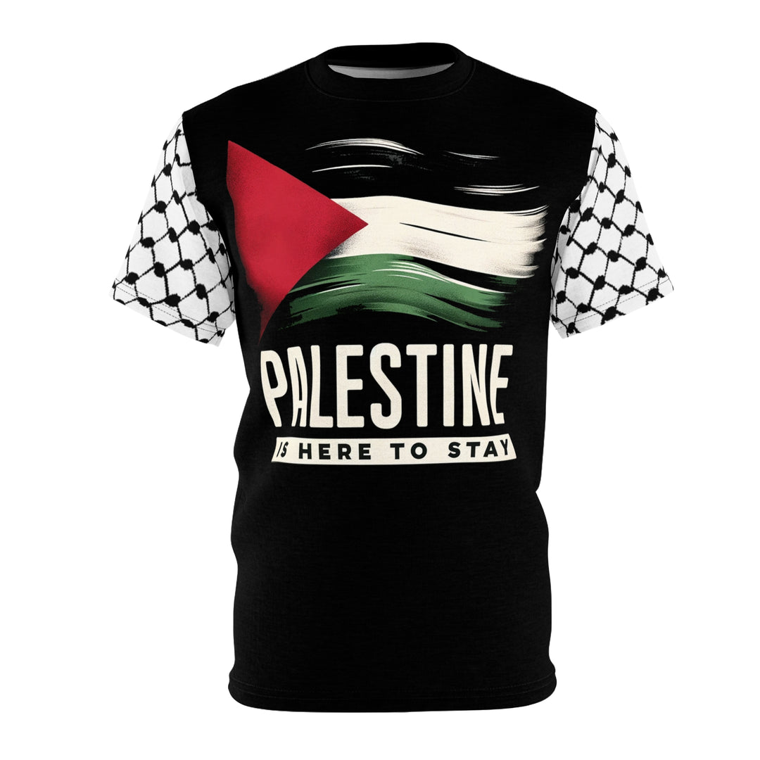 Palestine is Here to Stay, Black Tee and keffiyeh sleeve - PaliWorlds