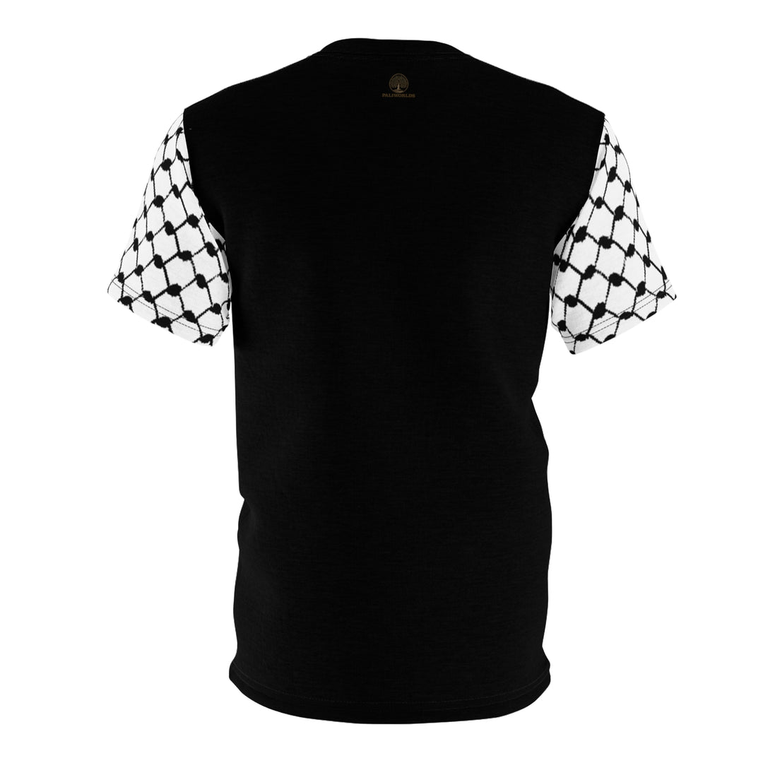 Palestine is Here to Stay, Black Tee and keffiyeh sleeve - PaliWorlds